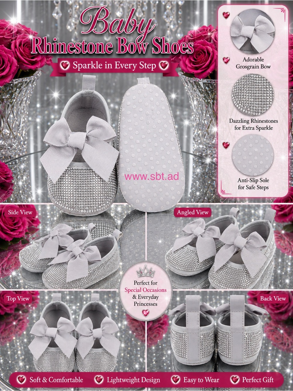 NWT Cute Baby Girl Shoes Sparkling Bling Swarovski Rhinestone Mary Jane Flats - Picture 8 of 15
